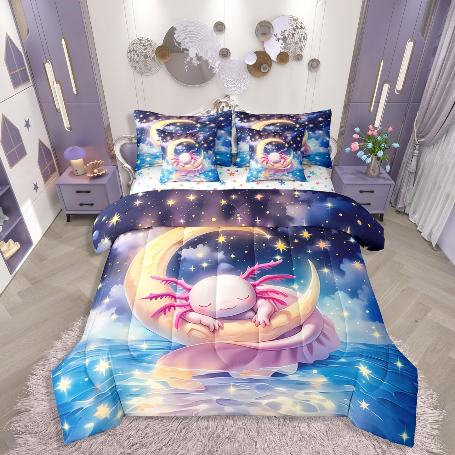 Erosebridal Kids Cute Axolotl Queen Comforter Set Teen Girl Cartoon Ocean Animal Bed in a Bag Preppy Dreamy Fantasy Axolotl 7-Piece Bedding Set Space Stars Galaxy Salamander Quilt Duvet Sets