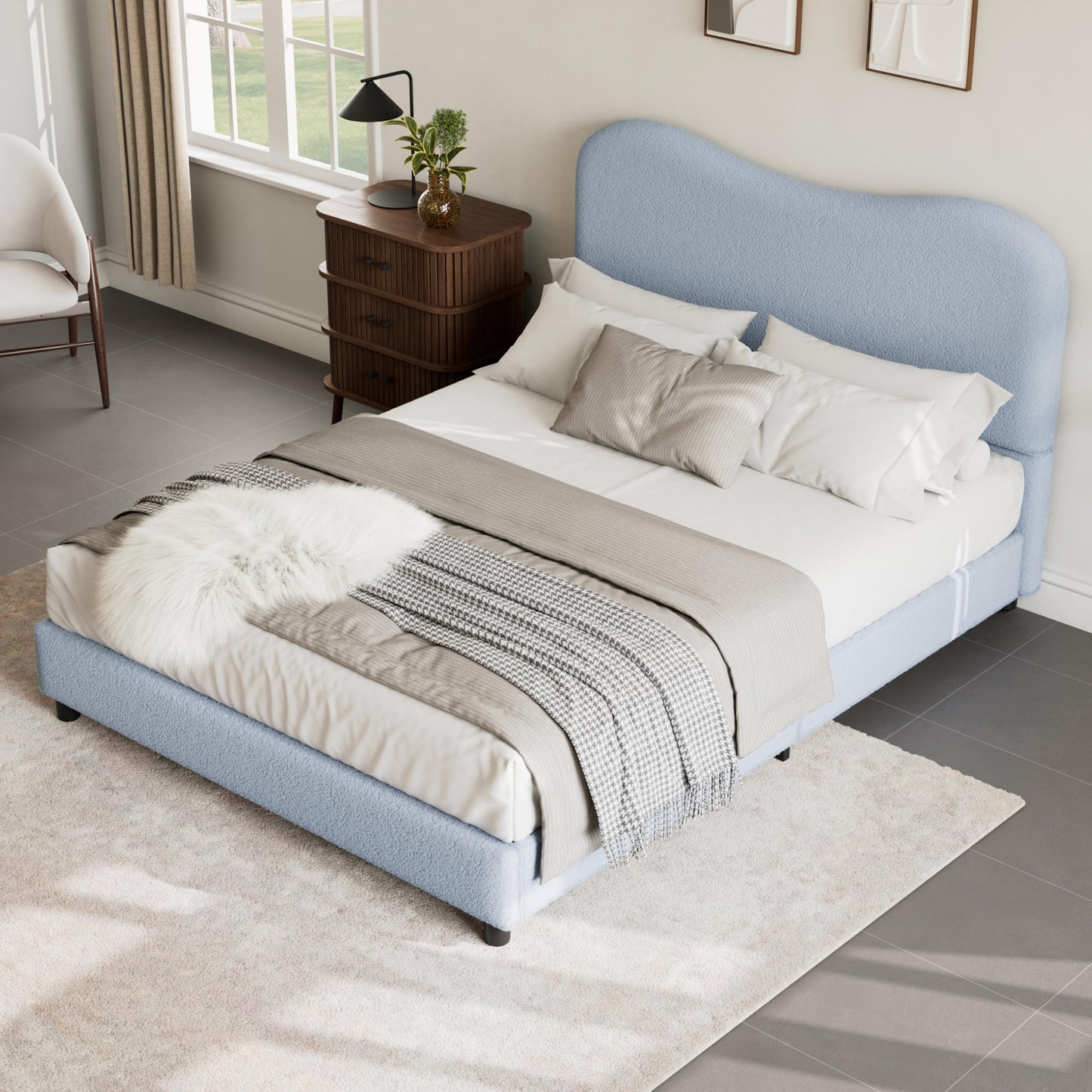GarveeHome Boucle Full Size Bed Frame with Upholstered Headboard, Soft Low Profile Sturdy Platform Bed with Rounded Corners Design, Heavy Duty, Wooden Slats, Noise Free, No Box Spring Needed, Blue