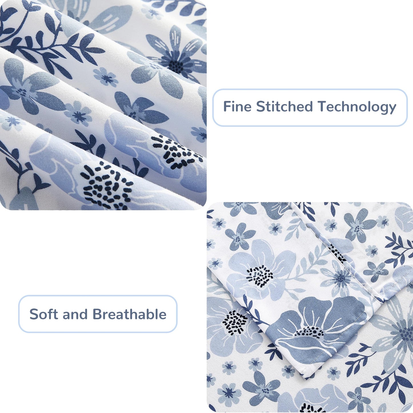 Mooreeke King Size Sheets Set - 4 Piece Soft Breathable Microfiber Bed Sheet Set - Blue & White Flower Pattern Sheet Set King - Deep Pocket Non-Slip Floral Fitted Sheet Included for All Season