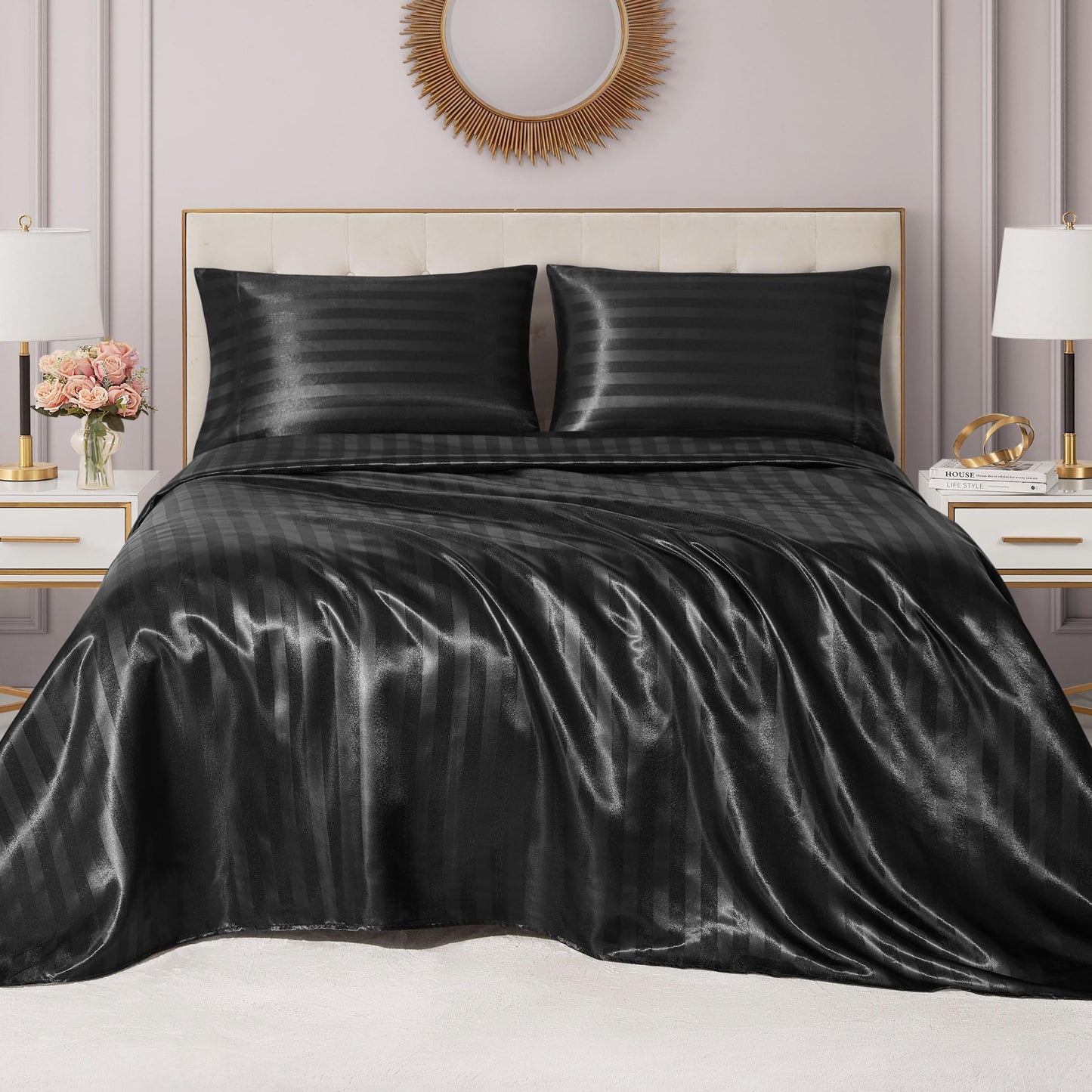 Juicy Couture Silky Satin Damask Sheet Set - Luxury Black Bedding - Smooth Striped Sheets - Full Size