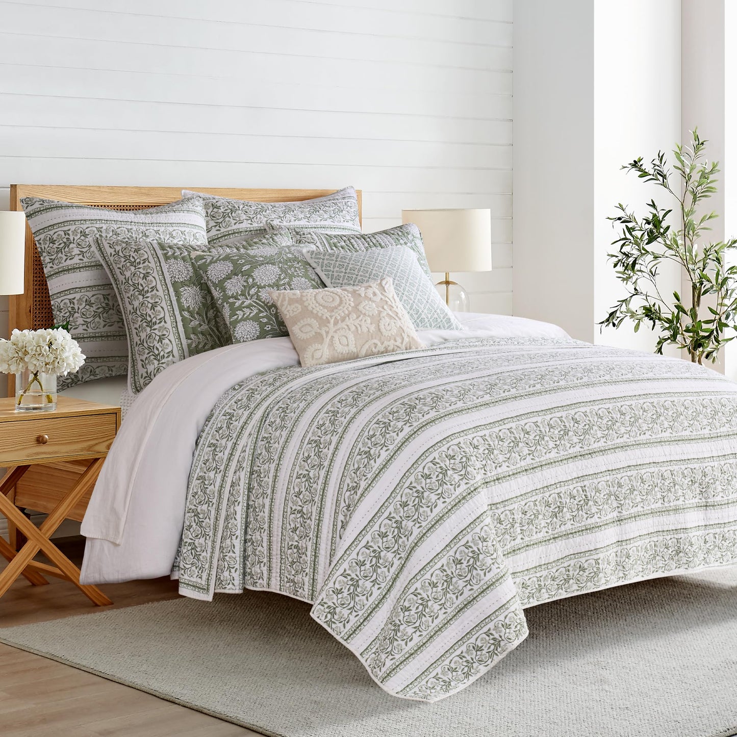 Levtex Home Adare Sage Reversible Full/Queen Quilt Set (88x92in) with 2 Pillow Shams (26x20in) - Floral Bedding - Sage White - Cotton Full/Queen Size Quilt Bedding Set - Lightweight, Soft, Pre-Washed