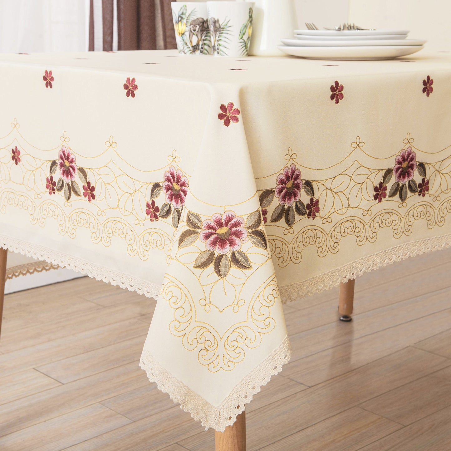 Wewoch Decorative Red Floral Print Lace Water Resistant Tablecloth Wrinkle Free and Stain Resistant Fabric Tablecloths for Kitchen Room 60 Inch by 84 Inch