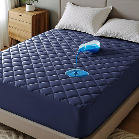 Bedsure Twin XL Mattress Protector, Quilted Waterproof Mattress Pad with Deep Pocket up to 22 Inches, Soft Breathable Noiseless Mattress Topper, Bed Cover for Home Bedroom Hotel – Navy Blue