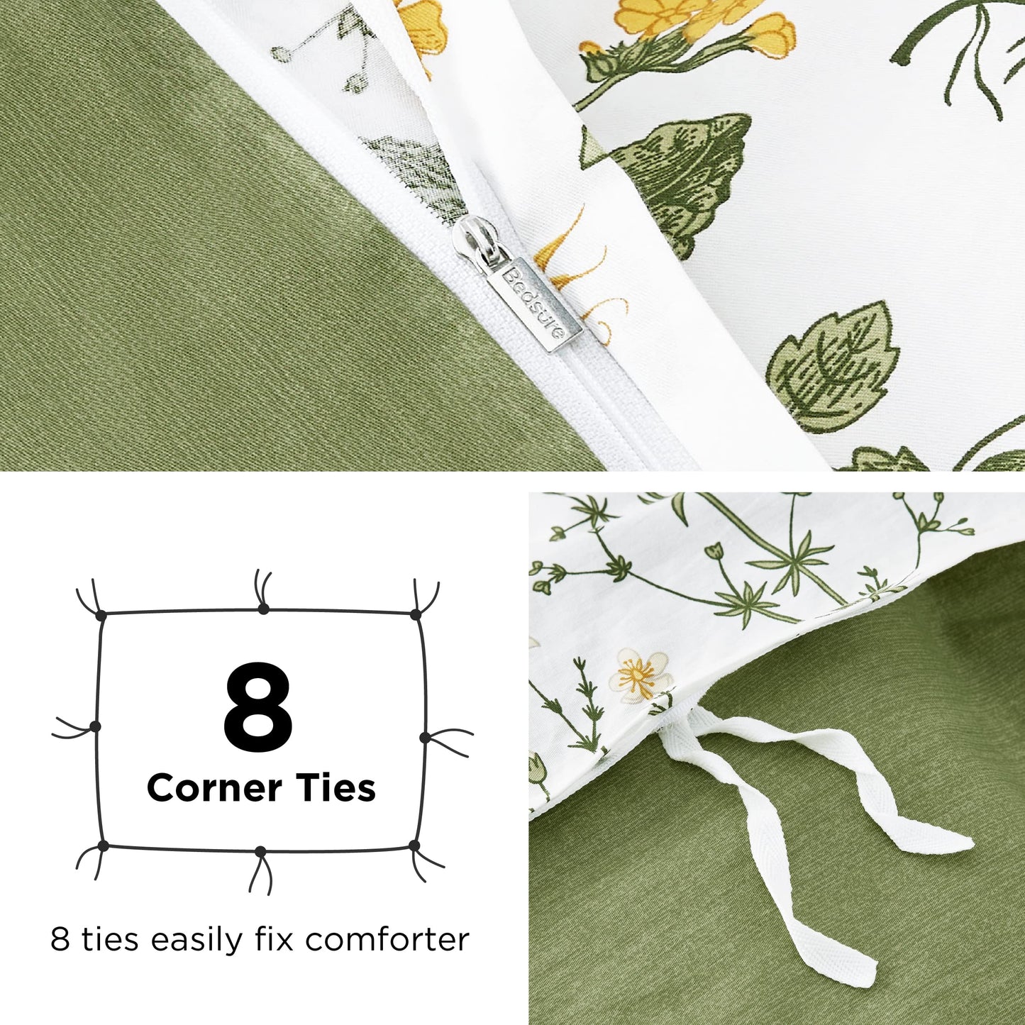 Bedsure Duvet Cover Queen Size - 100% Cotton Reversible Floral Queen Duvet Cover Set with Zipper Closure, 3 Pieces Soft & Breathable PureWoven Green Bedding Set with 2 Pillow Shams 20"x26"