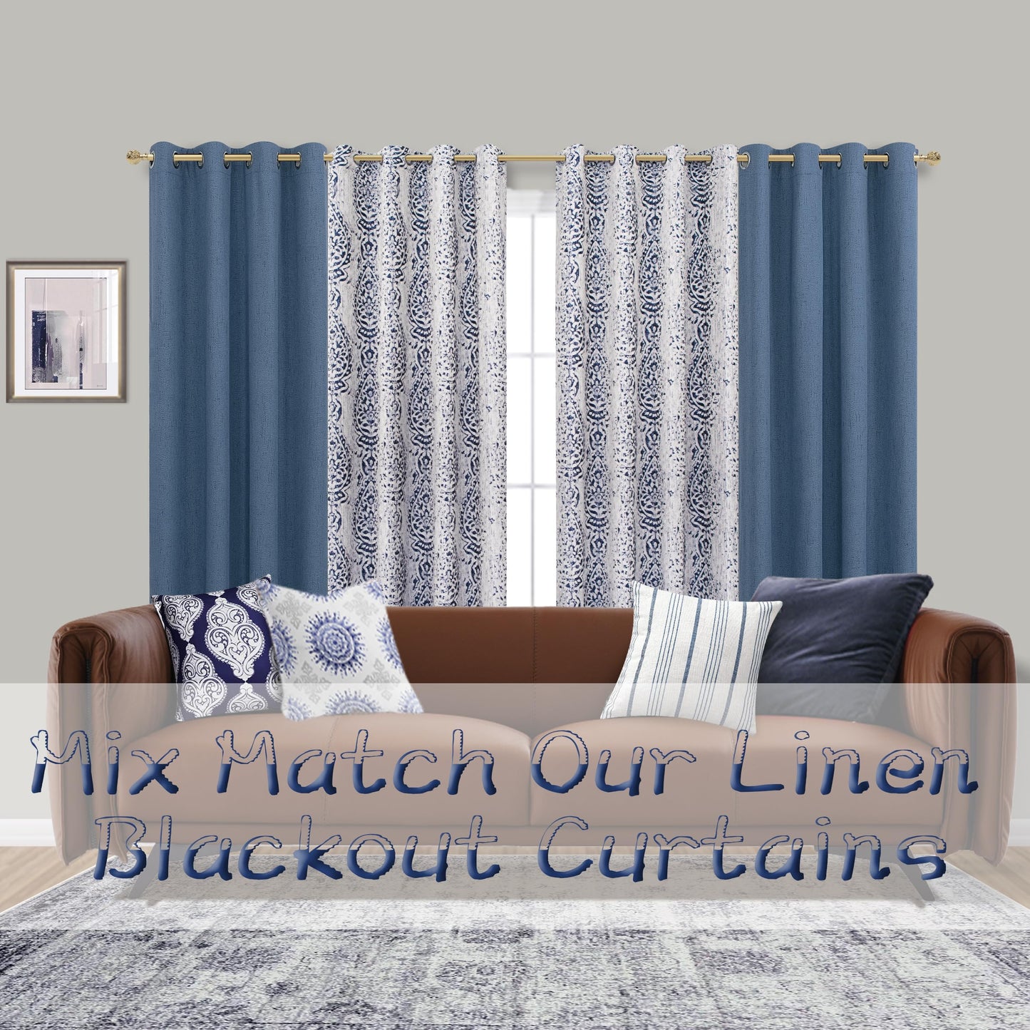 84 Inch Length Navy Blue Pattern Curtains for Living Room 2 Panel Set Grommet Damask Medallion Print Textured Grey Cream White Jacquard 50% Blackout Darkening Window Curtain Drapes for Bedroom