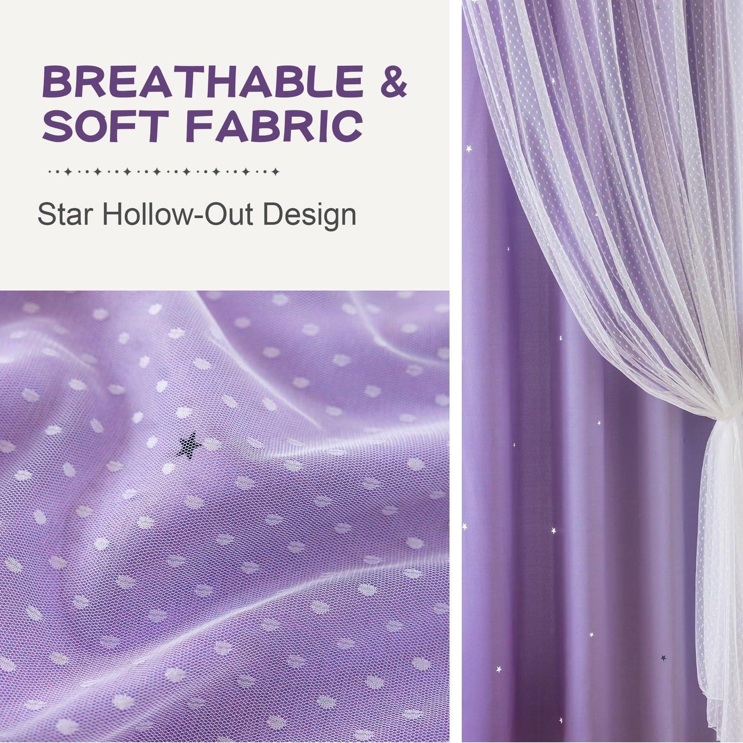 MYSKY HOME Kids Lilac Curtains for Girls Bedroom Decor 63 Inches Long Ombre for Kids Room Nursery, Thermal Insulated Blackout Star Cut Out Curtain Grommet Drapes, W52 x L63 Inches, 2 Panels