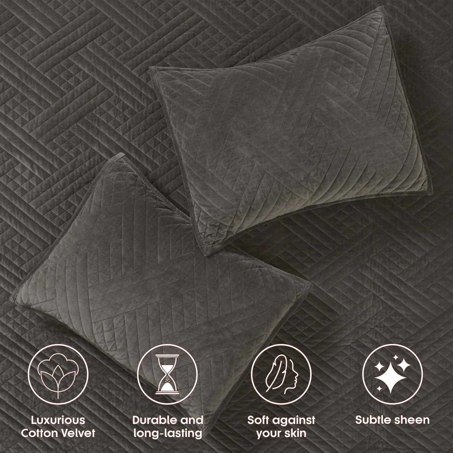 Superior 100% Cotton Velvet 3-Piece Quilt Set, 1 Lightweight Breathable Coverlet, 2 Pillow Shams, Comfy Home Essential Bedding, Cotton Fill, Geometric Aesthetic, Karina Collection, King Size, Grey