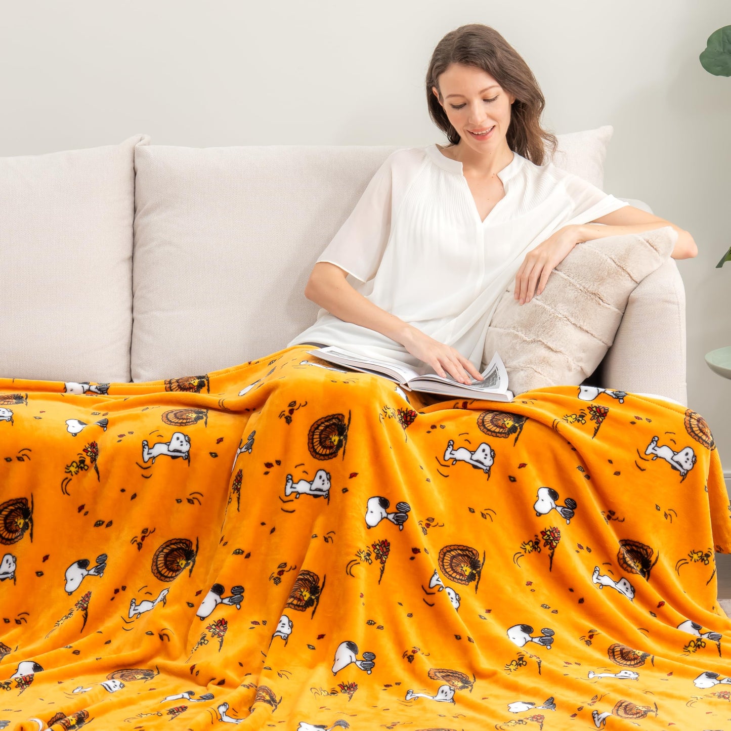 Berkshire Blanket Peanuts® VelvetLoft® Cute Character Snoopy Plush Throw Blanket,Snoopy and Woodstock Fall Birds & Leafs Orange,Throw 55 in x 70 in (Official Peanuts® Product)