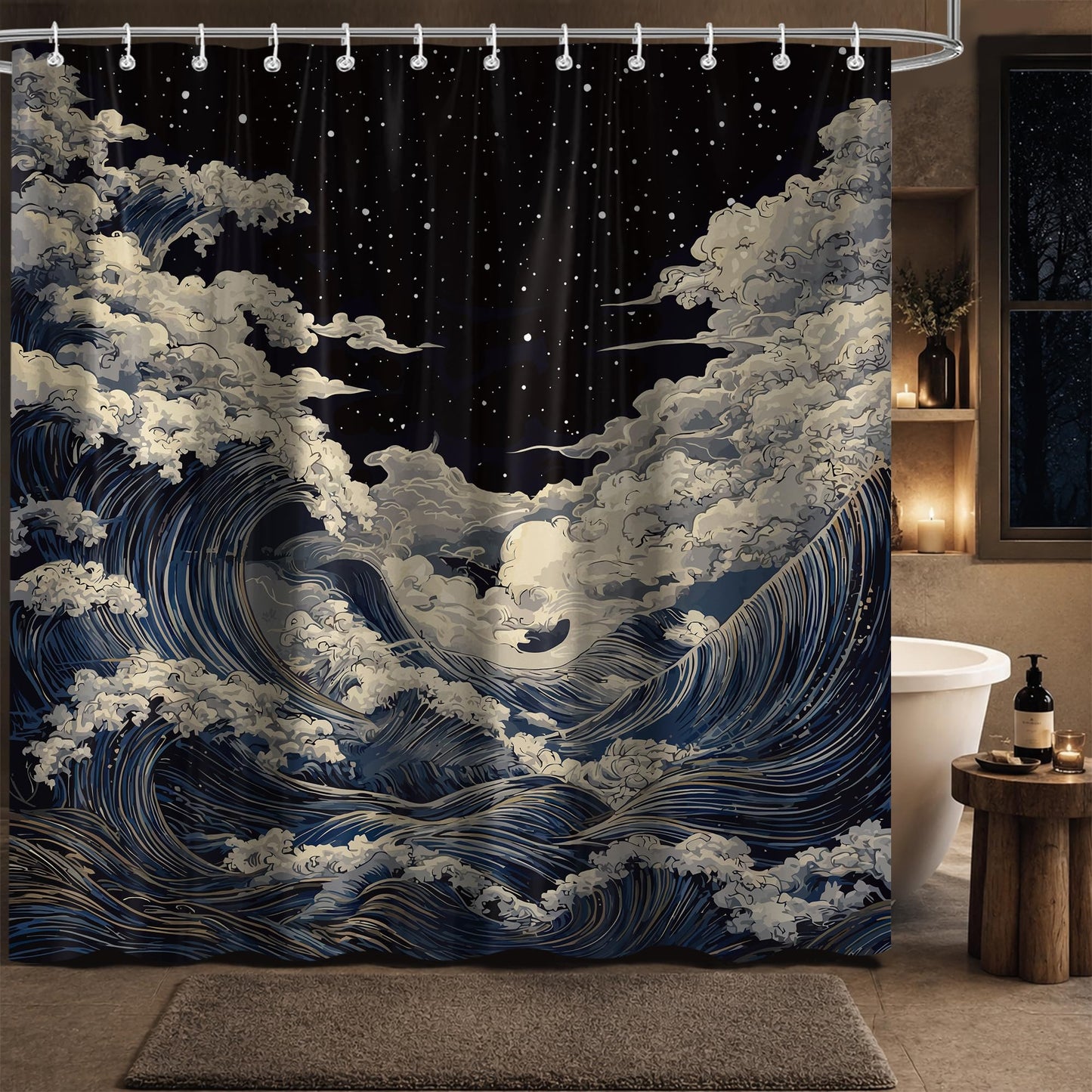 PAOPOED Anime Shower Curtain, Waterproof Fabric Bathroom Curtain with Hooks, 72 x 72 Inch, Japanese Wave Artistic Bathroom Decor