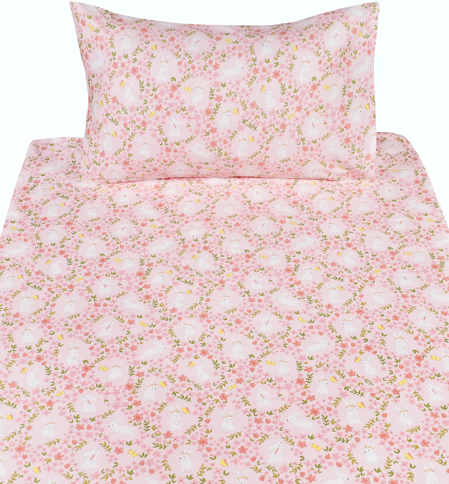 Scientific Sleep Pink Flower Rabbit Bunny 100% Cotton 3 Pcs Twin Bed Sheet Set Kids Toddler Teen, Flat Sheet & Fitted Sheet & Pillowcase Kids Bedding Set (Rabbit Flower, Twin)