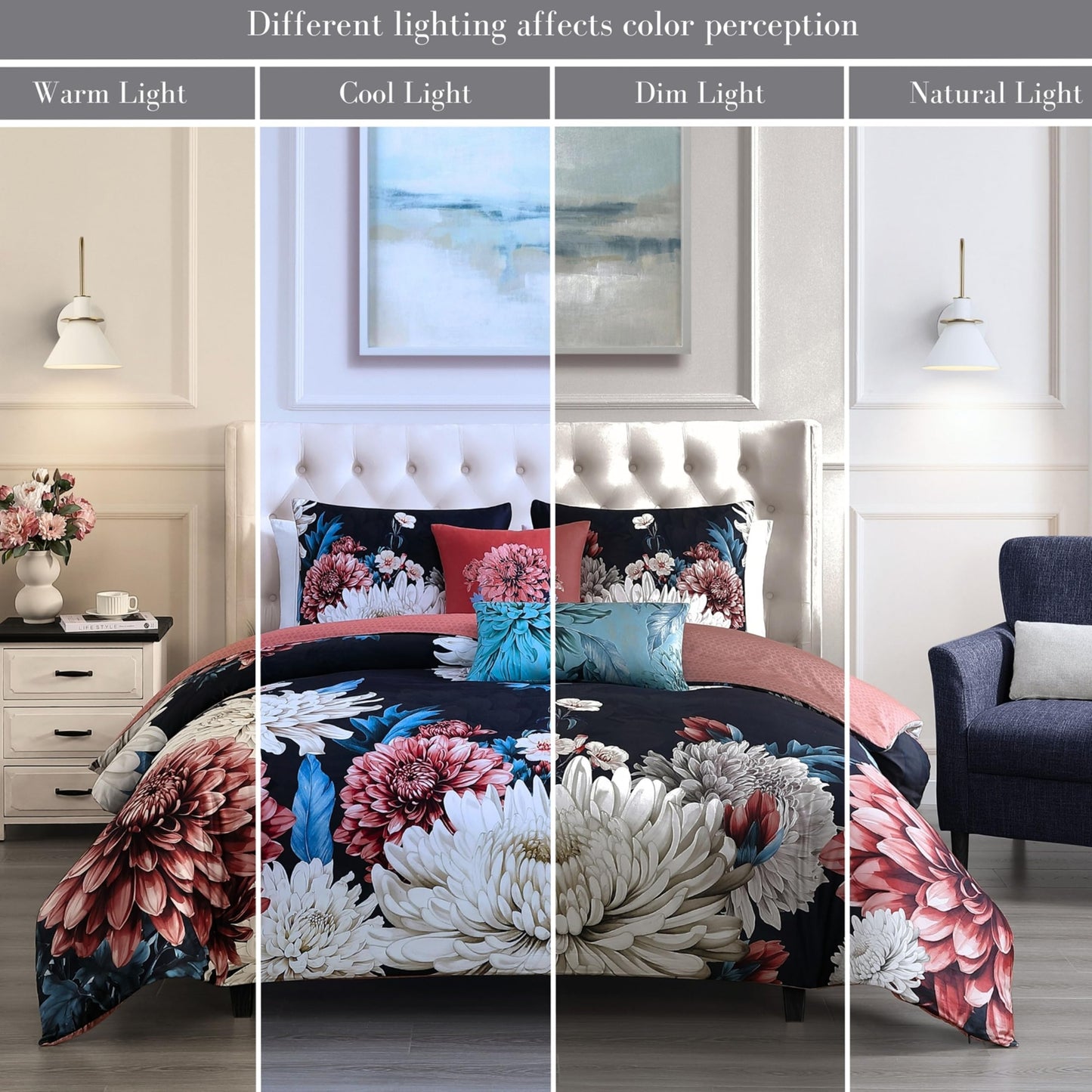 Bebejan Navy Mums 5 Piece Comforter Set, 100% Cotton Sateen, 220 Thread Count, Blue Reversible Bedding Comforter Set, 1 Comforter, 2 Shams & 2 Pillows (King/Cal King)