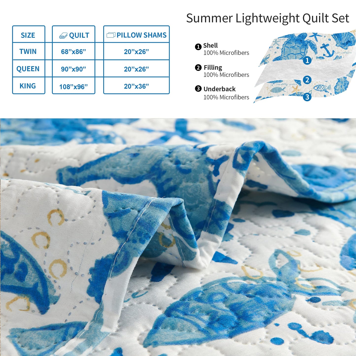Coastal Beach Quilt Set - King Size Ocean Bedding Reversible Quilt - Lightweight Summer Bedsread Coverlet - Sea Turtle Blue