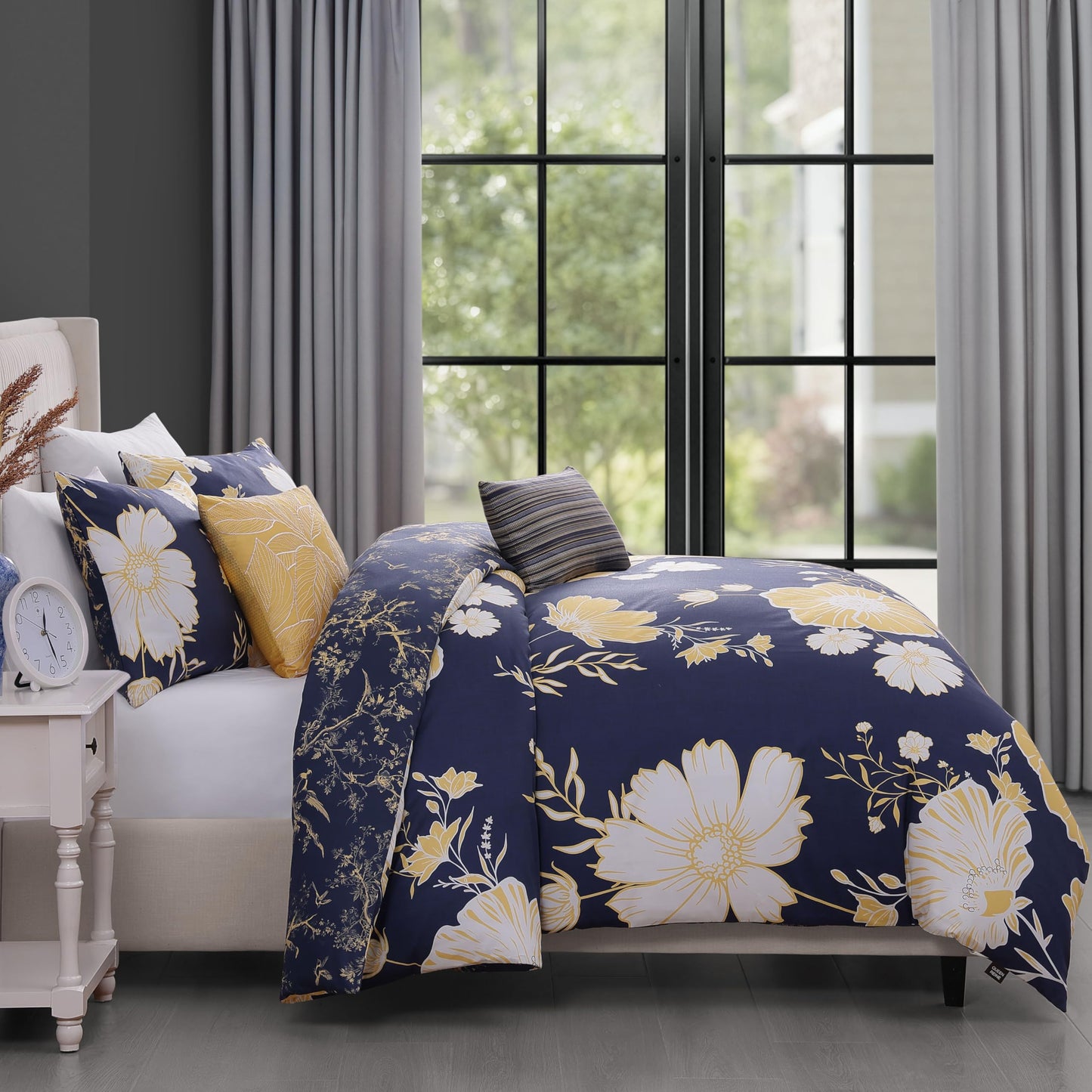 Bebejan Sunglow 5 Piece Comforter Set, 100% Cotton Sateen, 220 Thread Count, Blue Reversible Bedding Comforter Set, 1 Comforter, 2 Shams & 2 Pillows (King/Cal King)