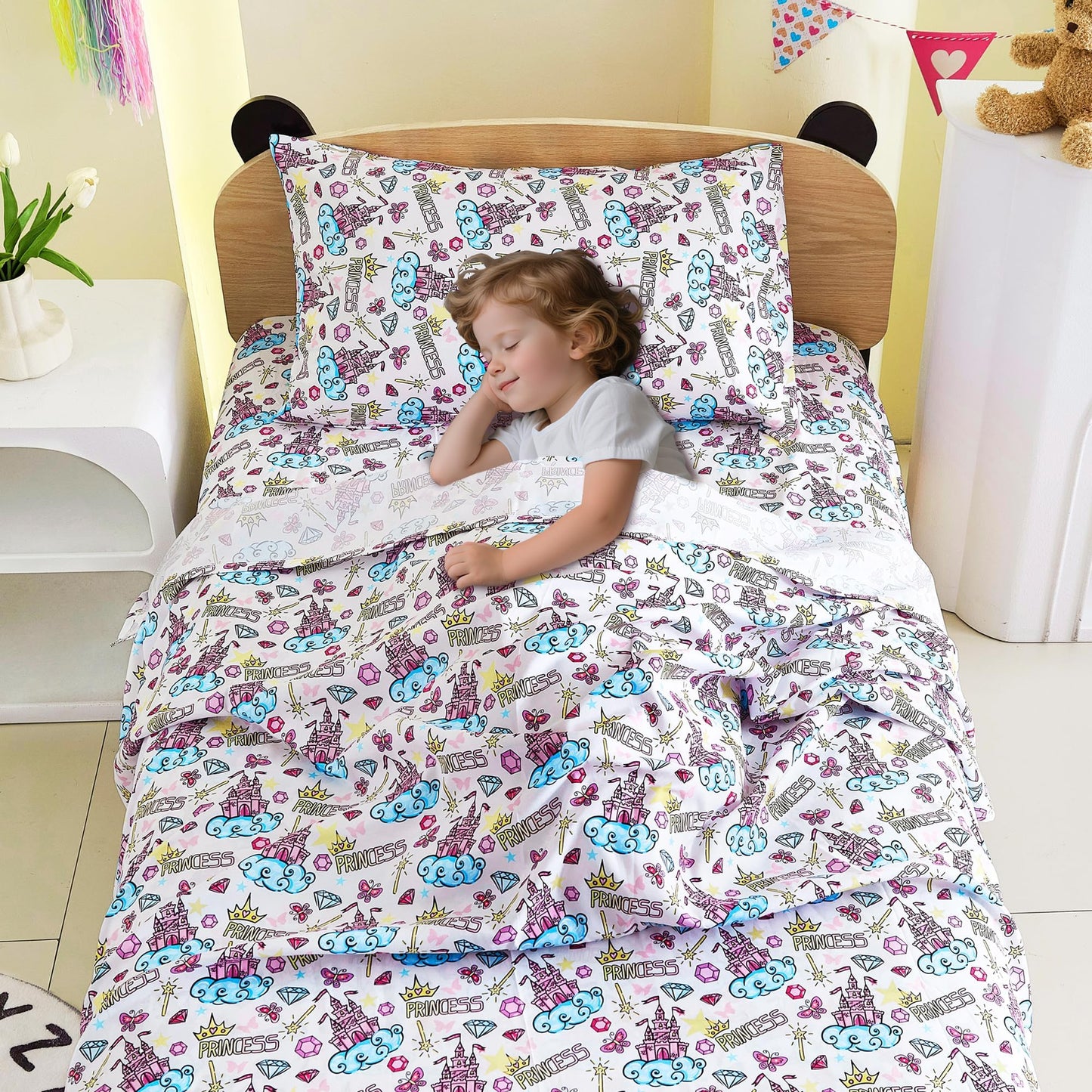 Softan Kids Bed Sheet Set, 3-Piece Twin Sheets Set, Microfiber Fitted Sheet with 15 Inches Deep Pocket and Corner Straps, Breathable & Silky Soft Castle Diamond Printed Sheet and Pillowcase Sets