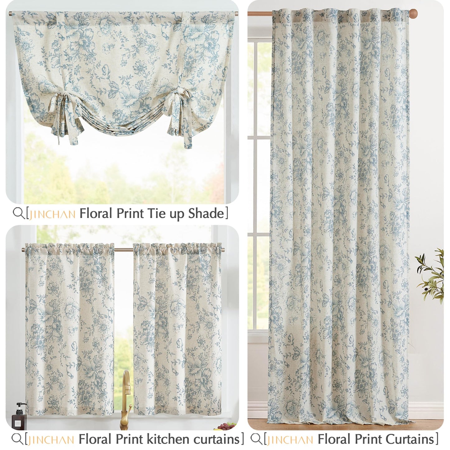 jinchan Floral Linen Tier Curtains Blue Flower on Beige Cafe Curtains 36 Inch Length Kitchen Living Room Bedroom Bathroom Farmhouse Rustic Country Rod Pocket 2 Panels