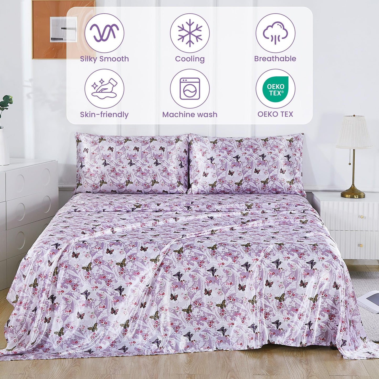 lasoftan Paisley Floral Satin Sheets Twin, Silky Butterfly Printed Fitted Bed Sheet with 15" Deep Pocket & Non-Slip Straps, Luxury Hotel Satin Summer Cooling Sheets & Pillowcase Set, Purple
