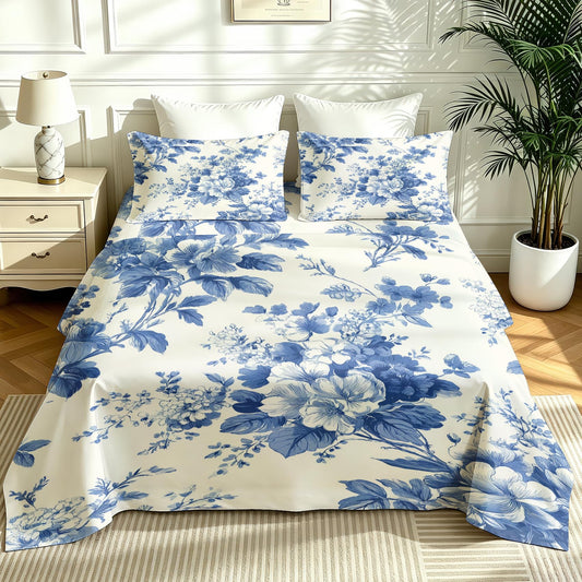 Blue White Floral California King Sheet Set 4 Pcs Chinoiserie Bed Sheets