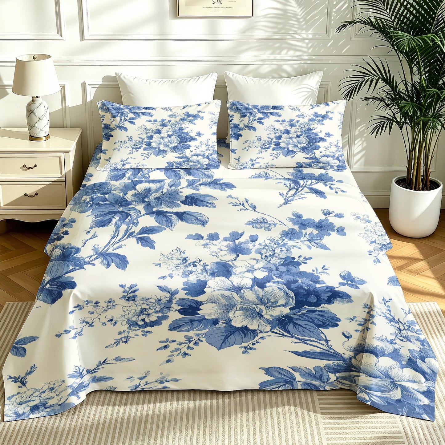 Blue and White Floral King Sheet Set 4 Pcs Chinoiserie Bed Sheets