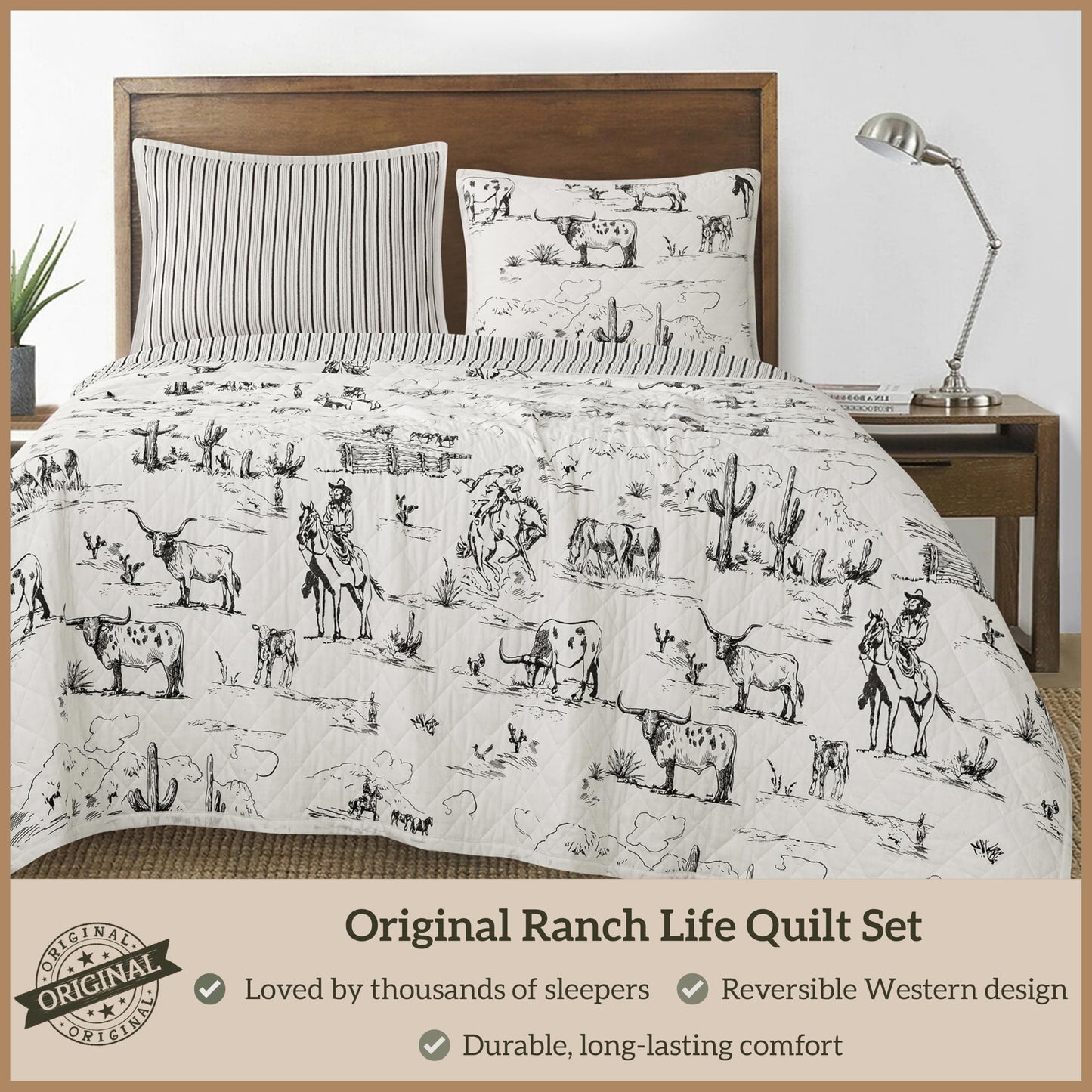 Paseo Road Ranch Life Full Queen Cotton Quilt Set, 3 Piece Western Bedding Set with Pillow Shams, Black White Reversible Quilt with Cowboy Longhorn Horse Cow Print, Soft Cozy Rustic Farmhouse Bedding