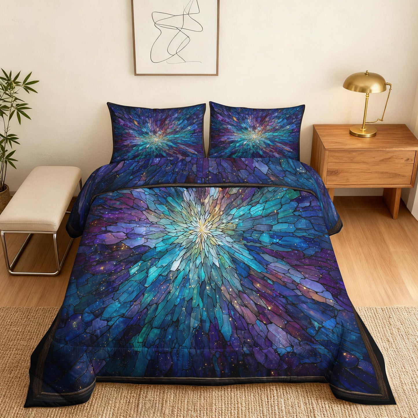 Flumoxa Stained Glass Comforter Full Size, Mandala Psychedelic Floral Comforter Down Alternative All Season Bedding, Stained Glass Bed Set Full with Pillowcase, Bedroom Decor