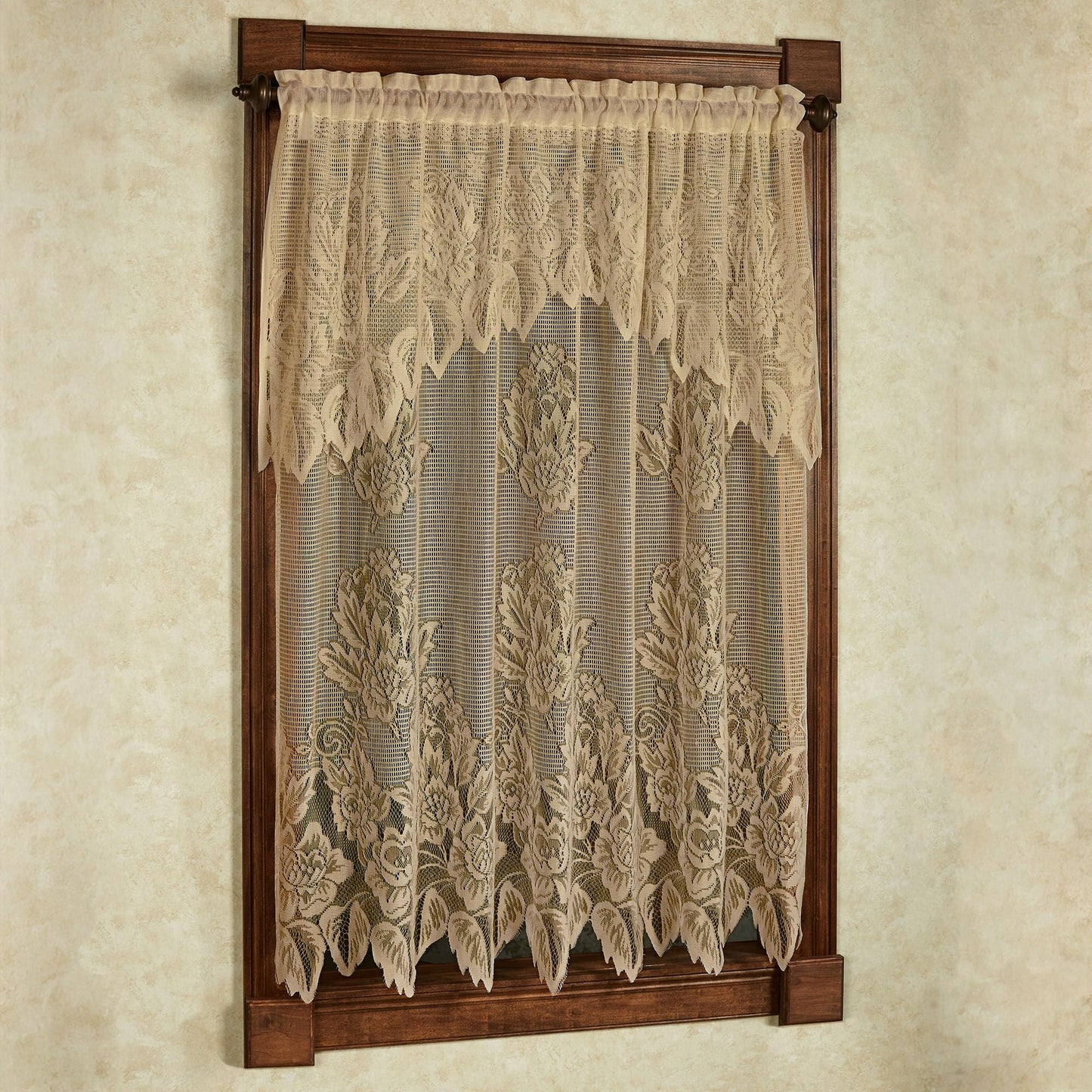 Hallie Lace Window Treatment | Vintage Antique Gold | Cottage Garden Magnolia Flower Lacy Designs with Scalloped Edges | Rod Pocket Drapery | Easy-Style 63L All-In-One Panel with Attached 24L Valance
