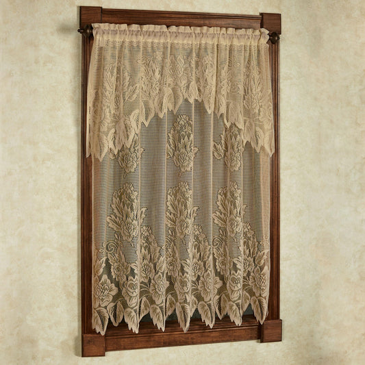Hallie Lace Window Treatment | Vintage Antique Gold | Cottage Garden Magnolia Flower Lacy Designs with Scalloped Edges | Rod Pocket Drapery | Easy-Style 63L All-In-One Panel with Attached 24L Valance