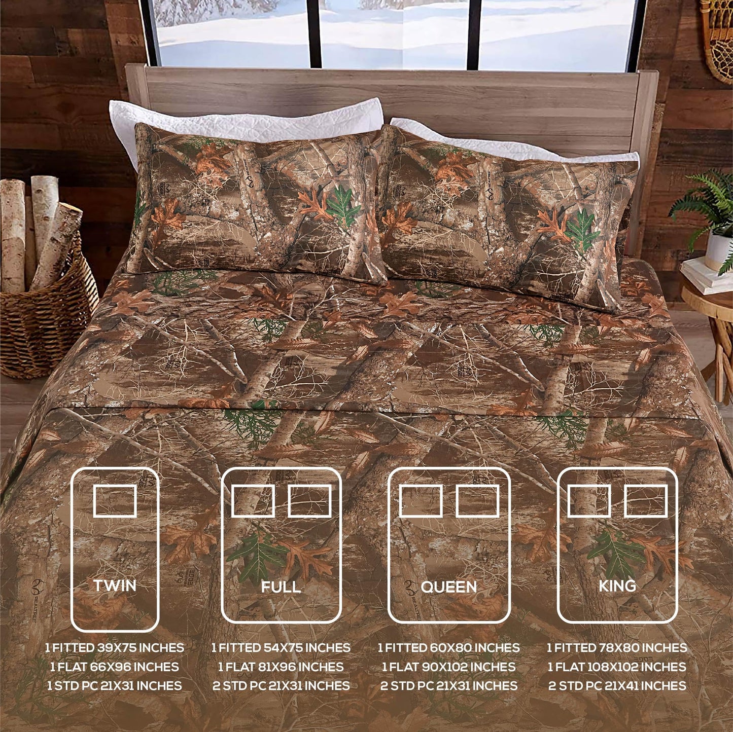 VISI-ONE Realtree Edge Queen Camo 4 Piece Sheet Set – Lightweight, Cooling, Wrinkle-Free Microfiber 13" Deep Pockets Sheets, Unisex Rustic Western Farmhouse Style Made to Complement All Living Spaces