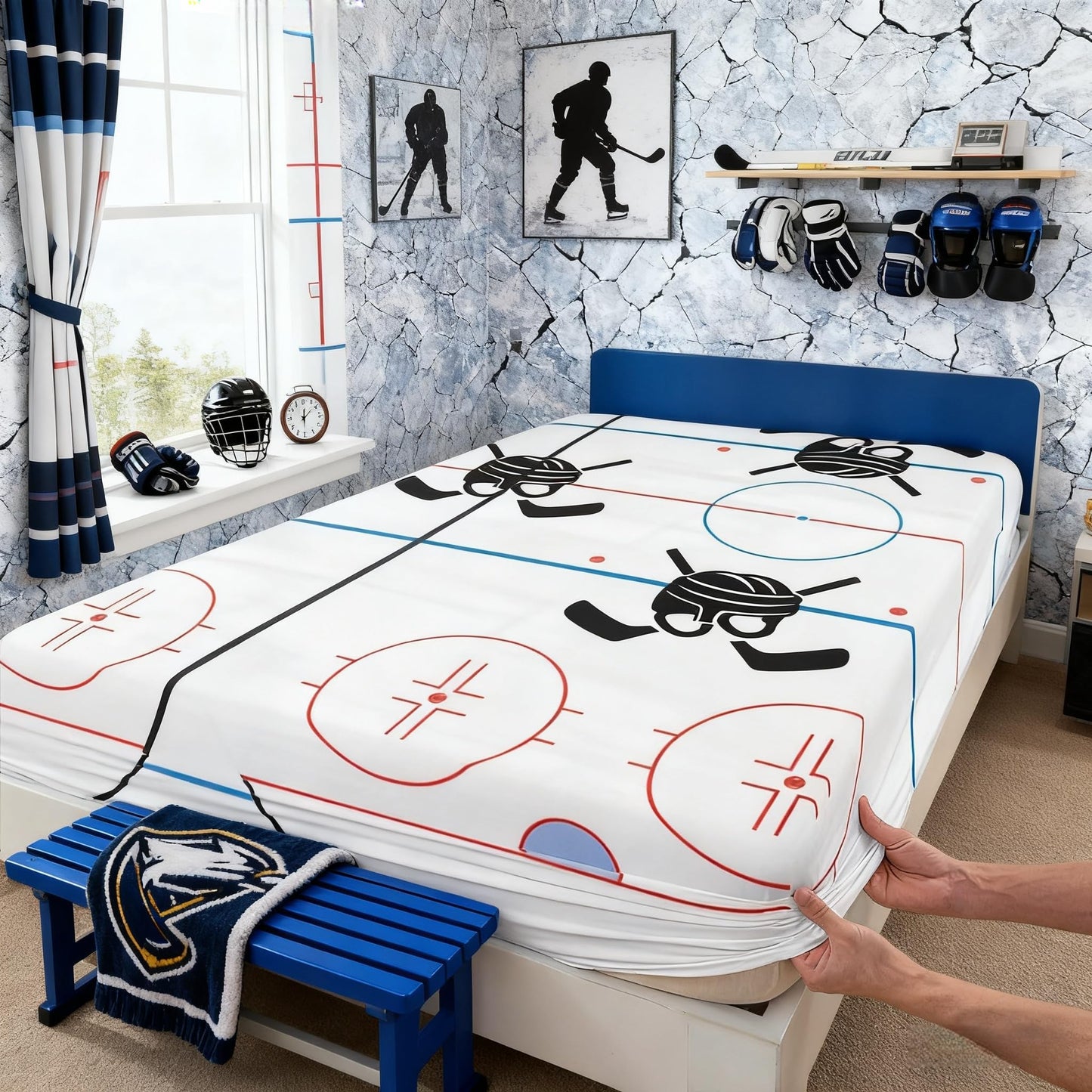 Hockey Stadium Kids Sheet Full Size,Ice Hockey Rink Bedding Set for Boys Girls Adults,Winter Event Sports Lovers Abstract Vivid White Bed Sheet Set 4pcs(Fitted Sheet + Flat Sheet + 2 Pillowcases)