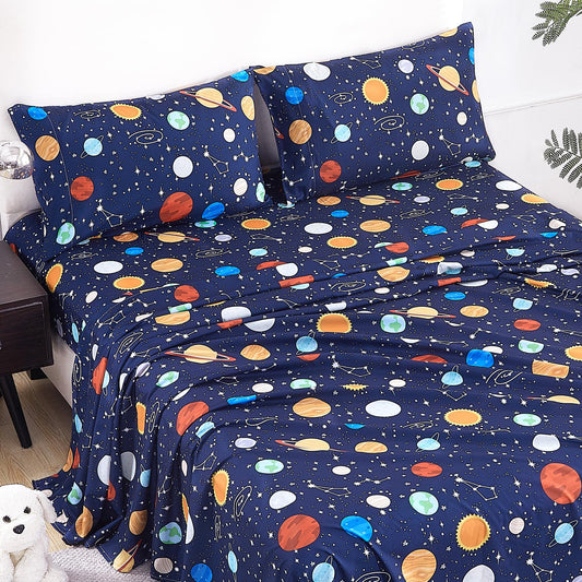 CozySmile Full Sheet Set Kids,4 Pieces Breathable Soft Microfiber Bedsheets for Child Boys, Oeko-TEX, Anti Pilling Deep Pockets Easy Care Bed Sheets, Planet