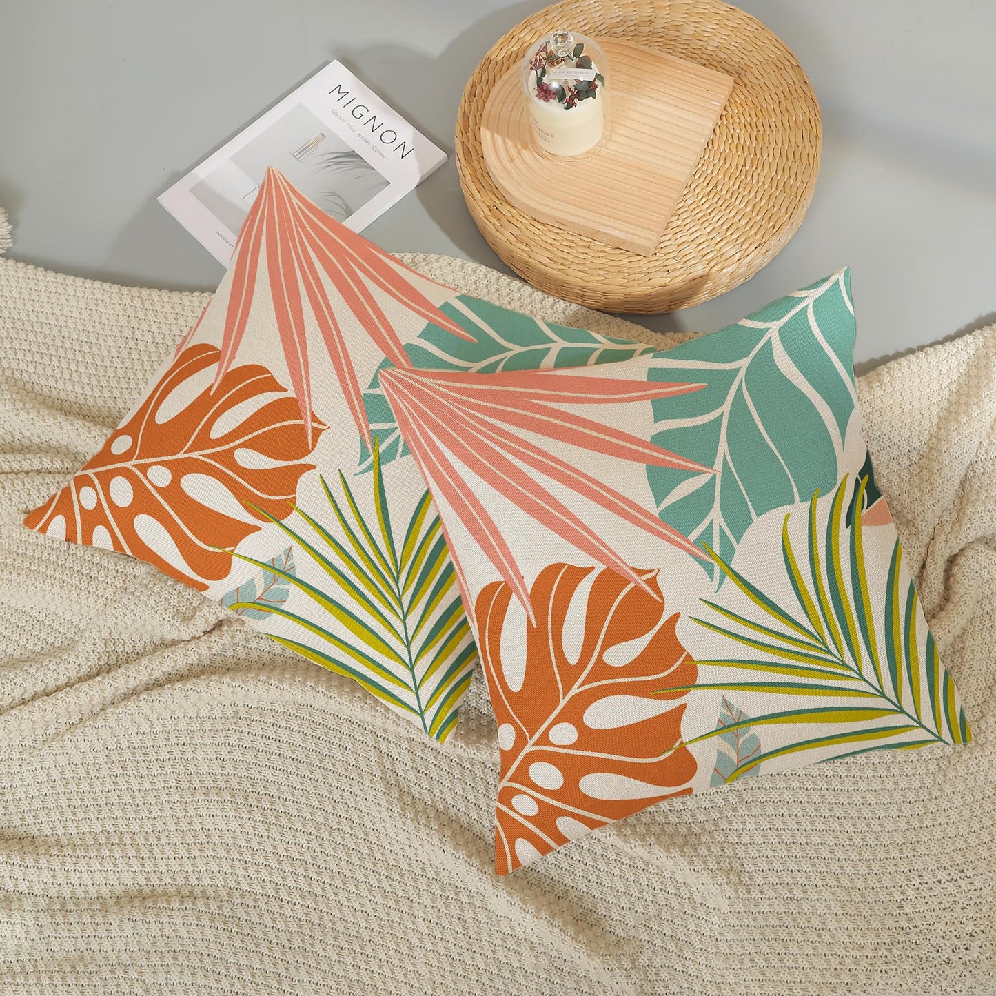 GOLIANDA Summer Tropical Pillow Covers 18x18 Set of 2, Monstera Palm Leaf Pillowcase Green Orange Botanical Coral Summer Throw Pillows Outdoor Decor Farmhouse Cushion Case Linen Decorative for Home