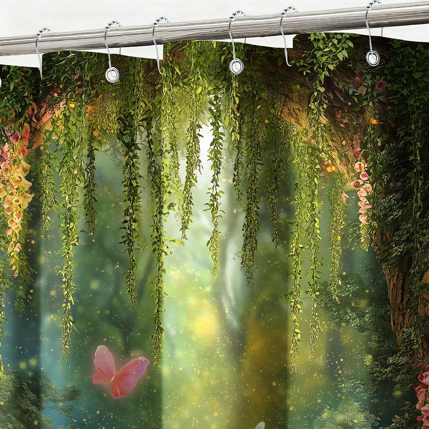 mutakin Green Tree Shower Curtain Butterflies Shower Curtains for Bathroom Waterproof Fabric Bath Curtain Decor with Hooks