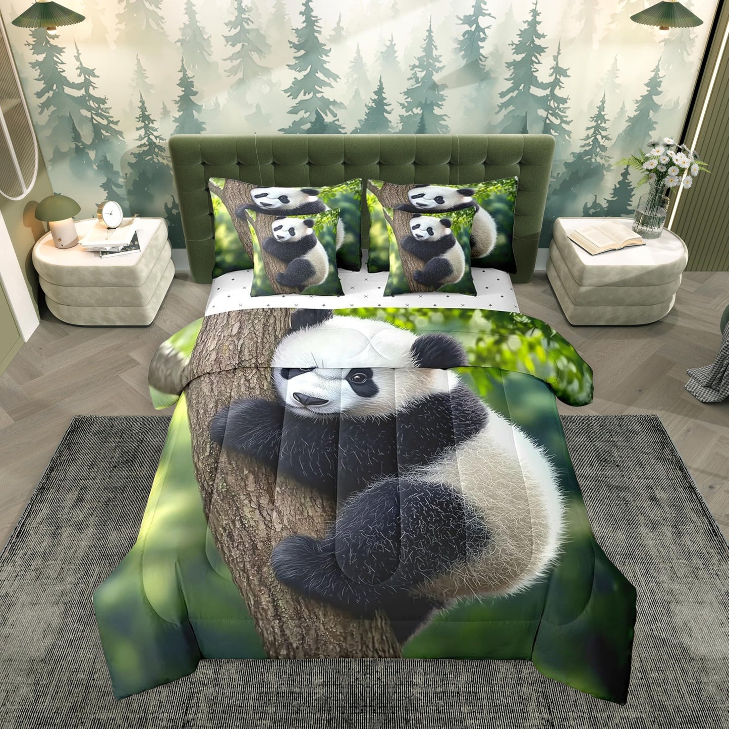 Feelyou Cute Panda Comforter Set 7 Pieces Full Size Kawaii Bear Bedding Set for Boys Girls Nature Bed in a Bag with Comforter, Sheets, Pillowcases & Cushion Covers
