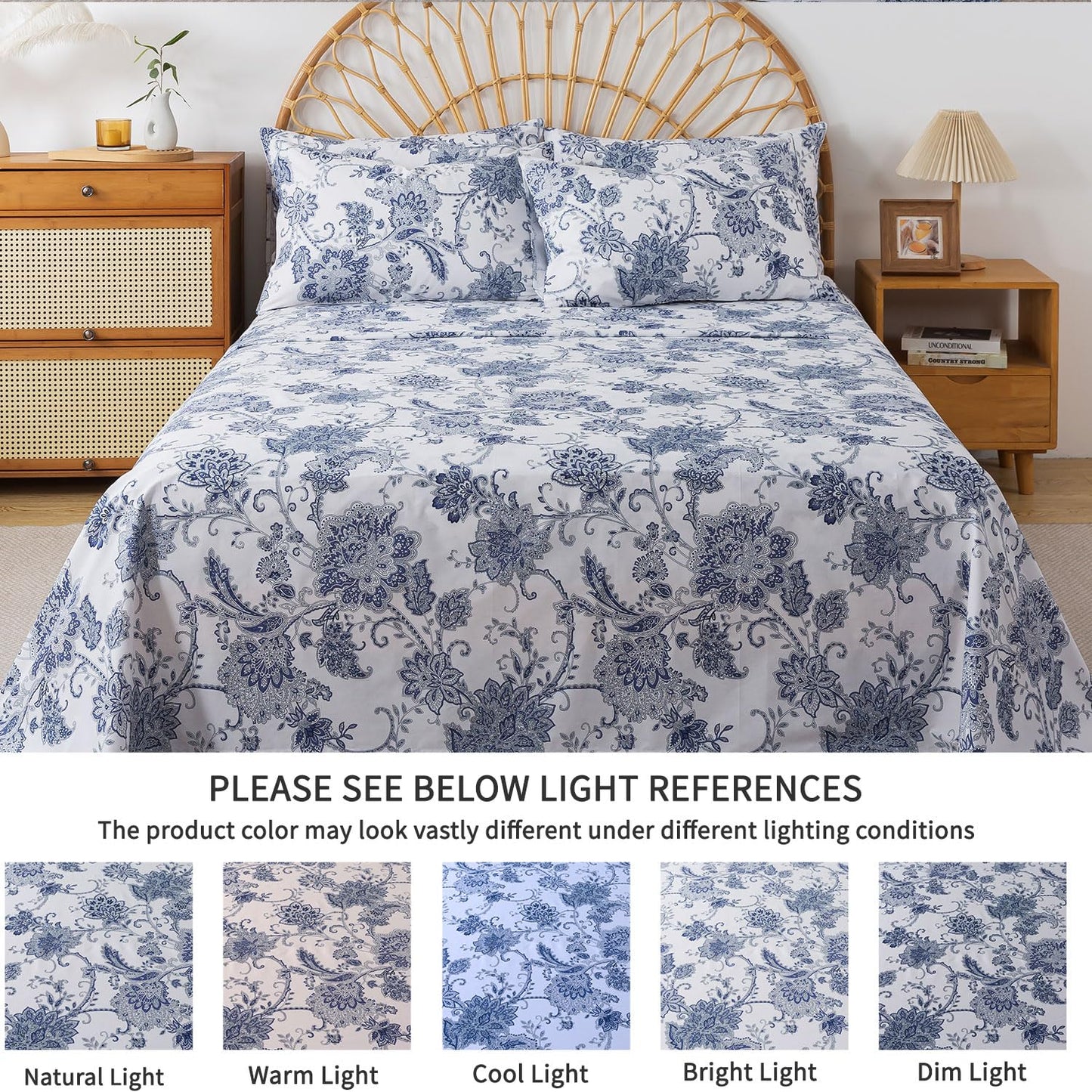 FADFAY King Sheets Set Percale Cotton Floral Bed Sheets Deep Pocket Fitted Sheet, Luxury Blue Floral Pattern Classic European Style Bedding for All Season, Super Soft Crisp & Breathe,4Pcs