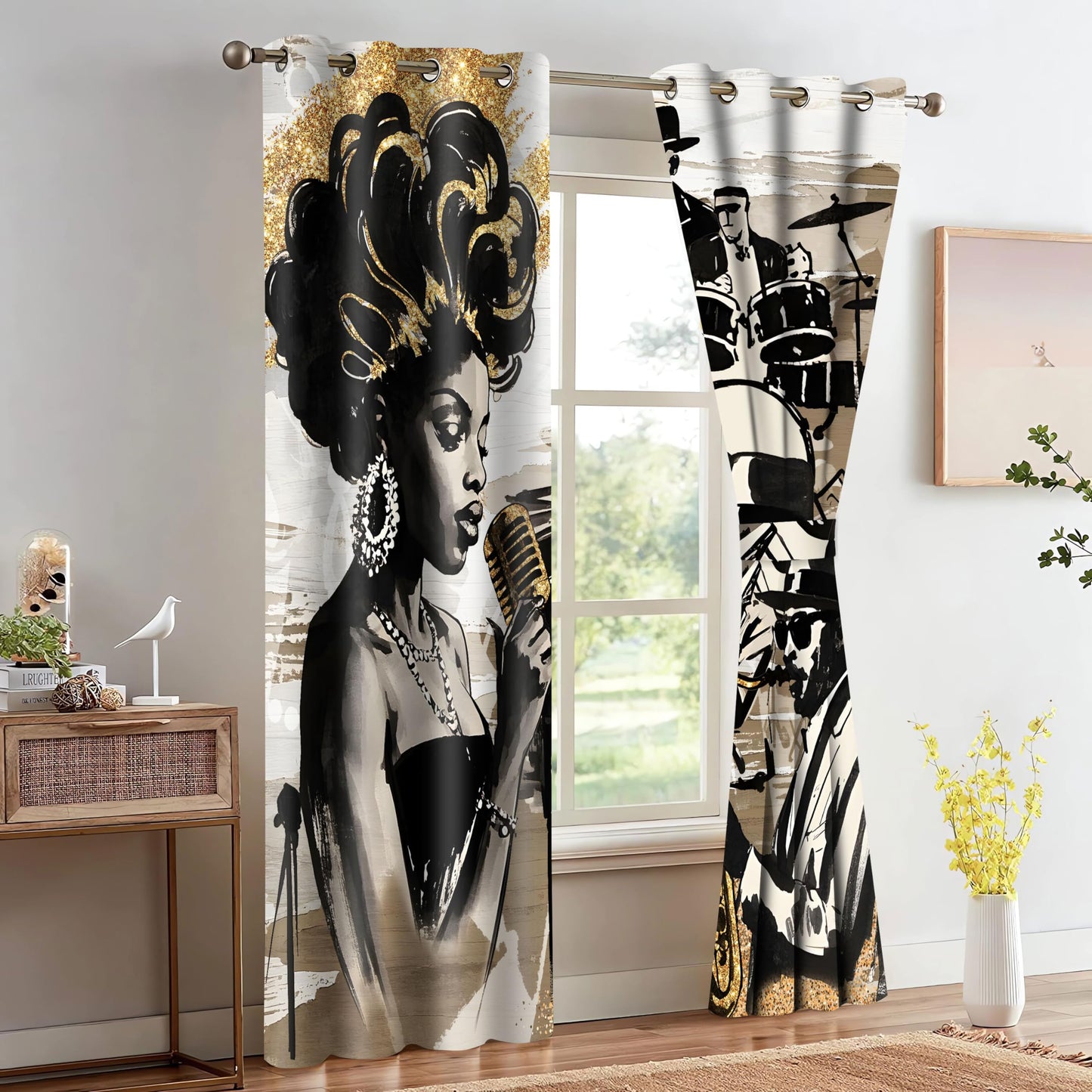 HIYSMT American Woman Jazz Music Curtains African Black Girl Singing Jazzist Band Blackout Curtain Afrocentric Black Gold Modern Art Treatments for Music Room Bedroom 4284inch 2Panel HI028DX