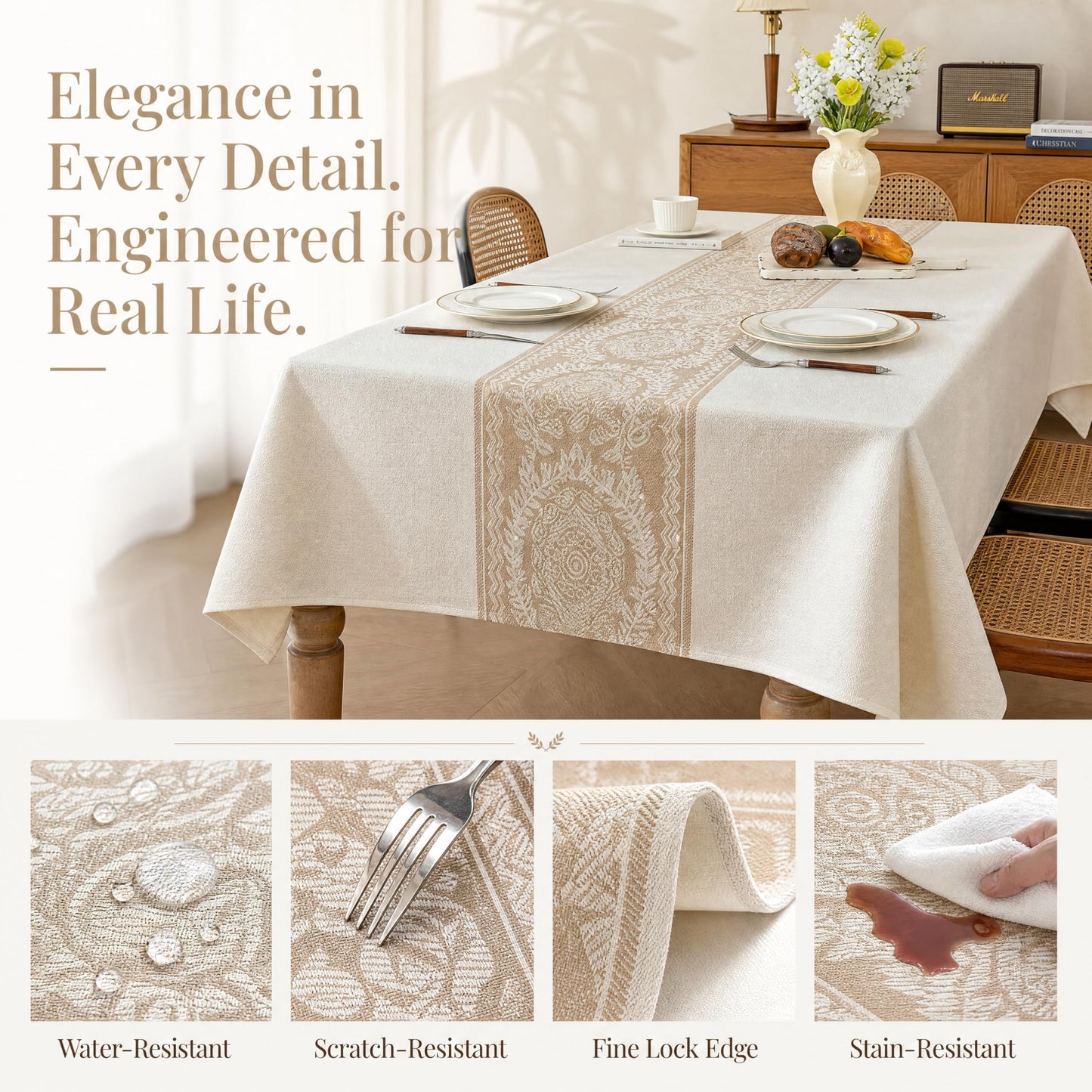 UWWGKK Nordic Beige Linen Tablecloth, Heavy-Duty Rectangle Cover