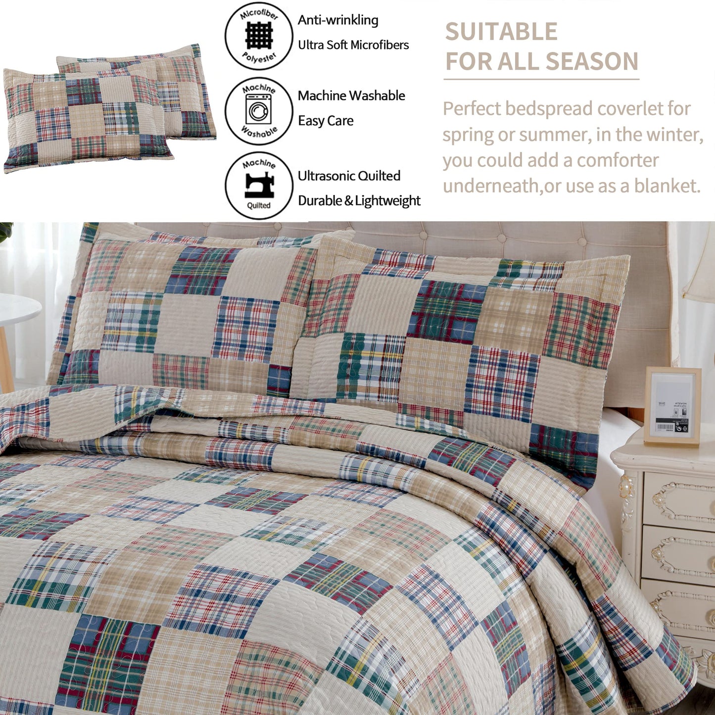 Quilt Set Queen Size Plaid Bedspread Coverlet Queen Quilts Patchwork Bedding Mens Plaid Collection Quilt Bedspread Lightweight Reversible Quilt Bedding Set Queen Bedspread with Pillow Shams,Beige