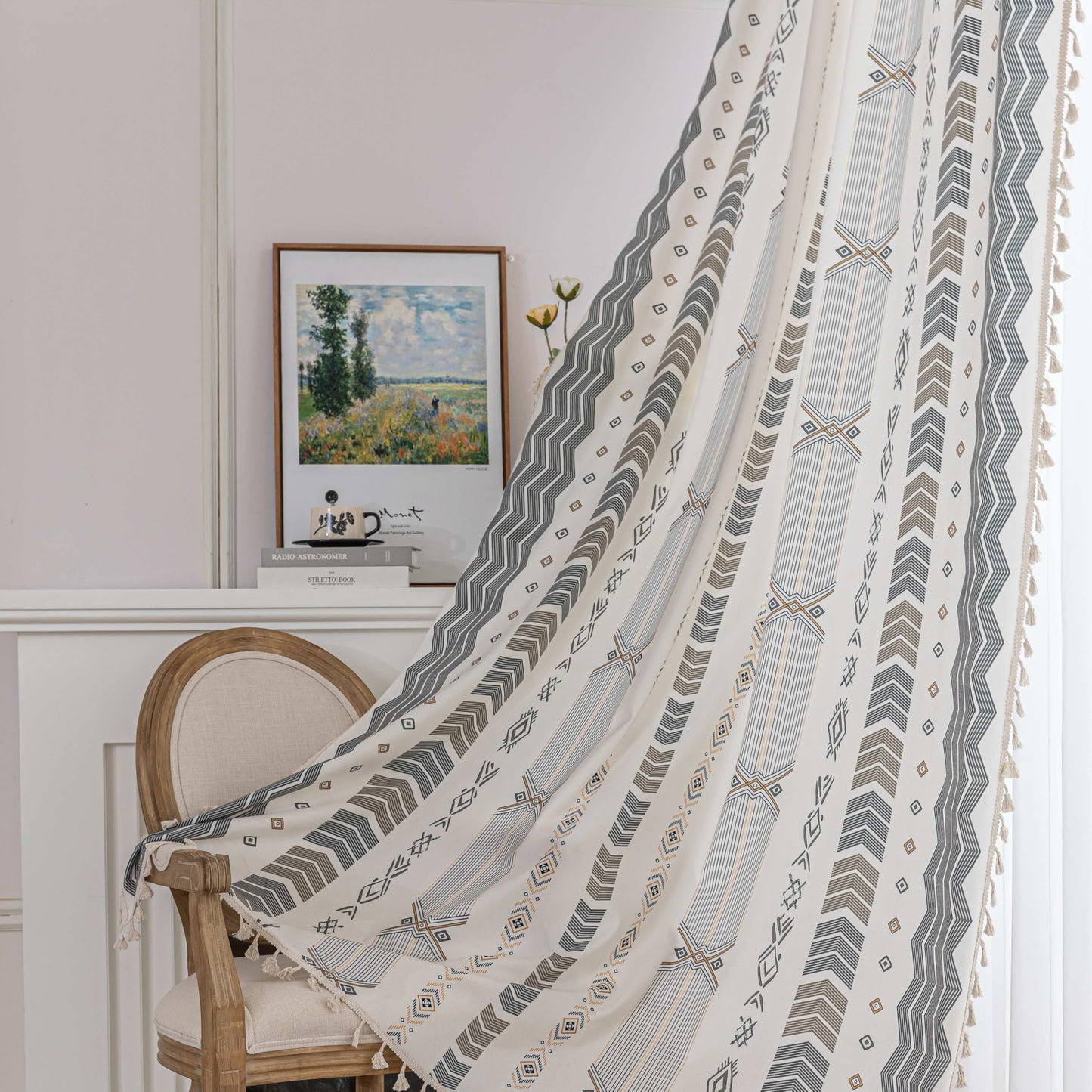 Erbnaryx Gray Geometric Curtains 72 Inches Long, Boho Farmhouse Light Filtering Rod Pocket Drapes with Tassel Trim for Bedroom Living Room, 2 Panels