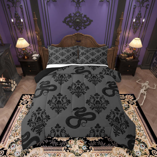 jejeloiu Vintage Damask Bedding Set Queen Size Kids Snake Comforter Set for Boys Girls Gothic Art Duvet Quilt Breathable Soft Lightweight Microfiber，with 2 Pillow Cases