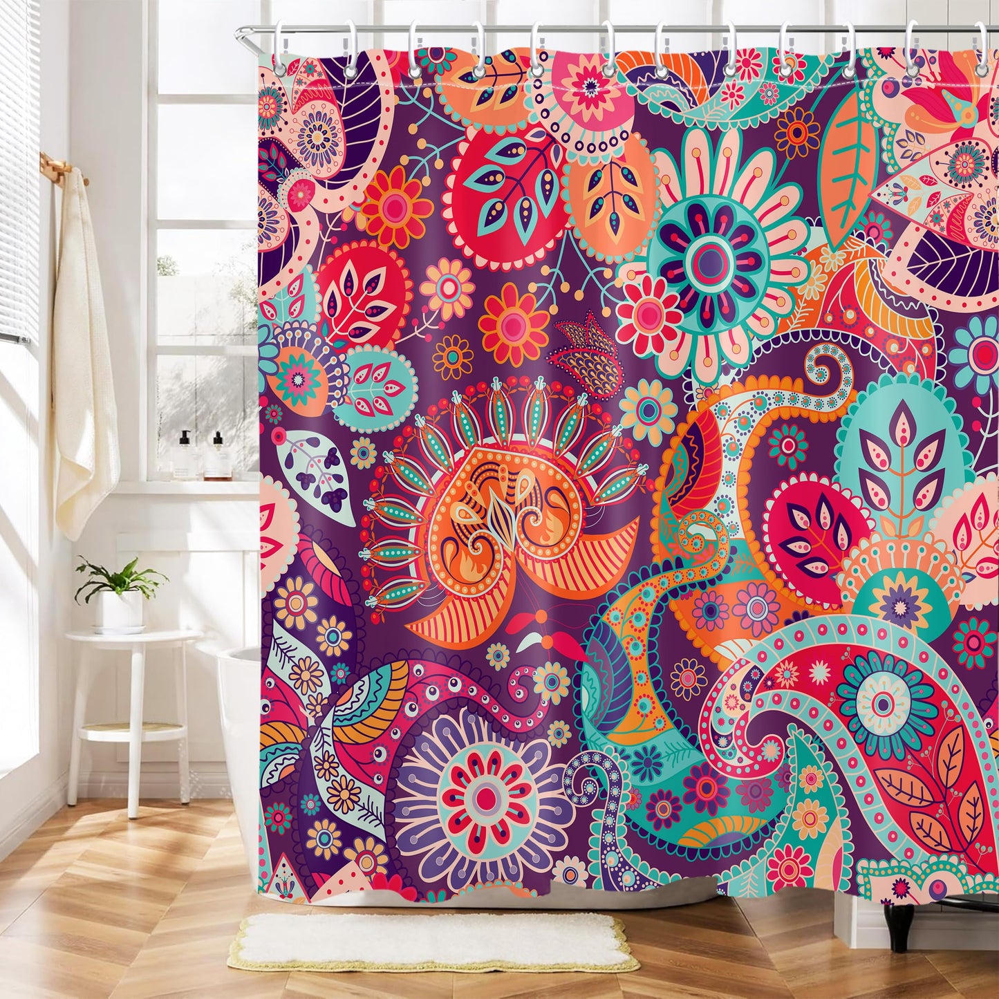 Mayormyth Boho Paisley Floral Shower Curtain Mandala Indian Abstract Bathroom Shower Curtains Bohemian Colorful Flower Shower Curtain Set Polyester Waterproof Cloth Fabric with Hooks 72x72 Inches