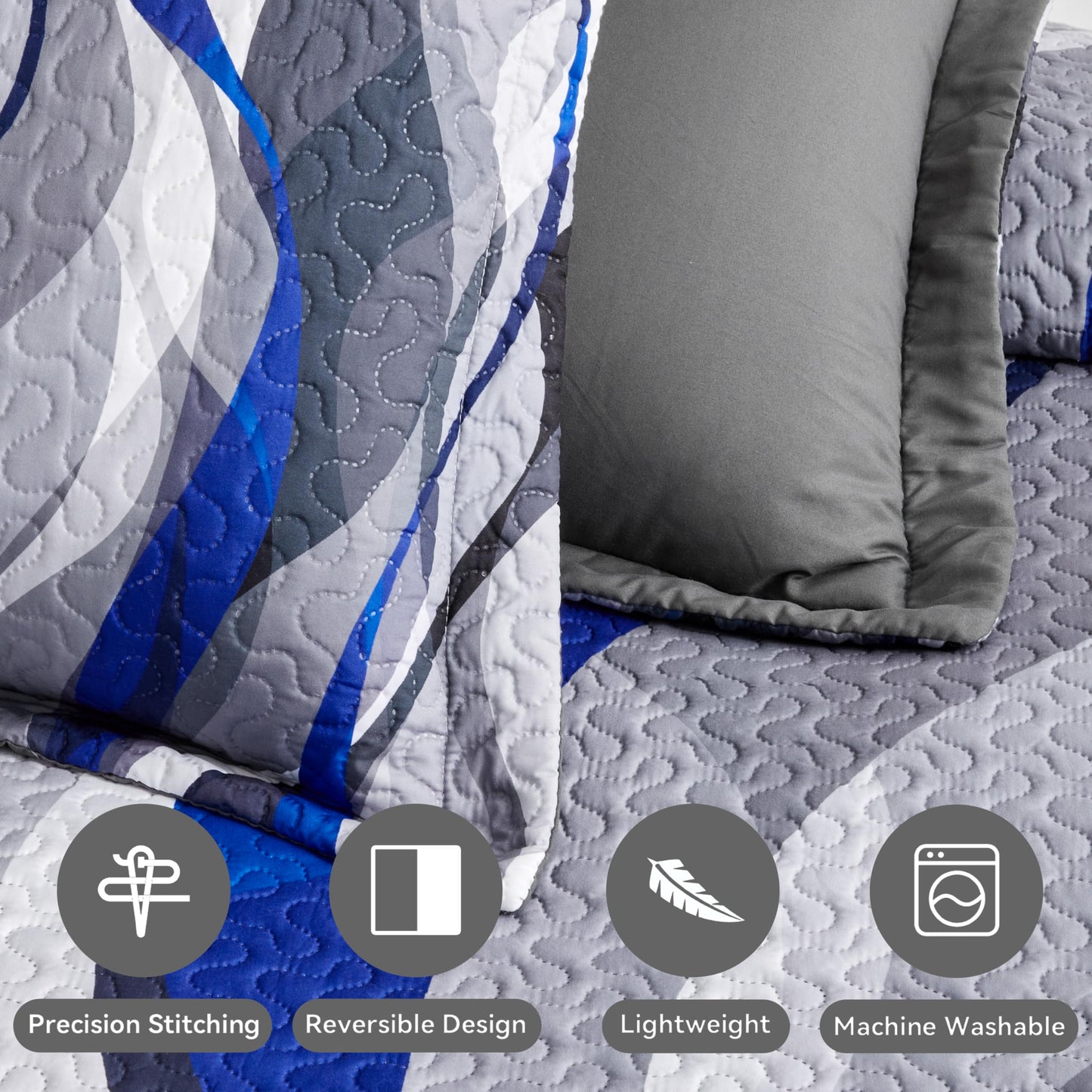 weesire Quilt Bedding King Size Comforter Set Blue Stripe Bedspreads with 2 Shams, Modern Pattern Lightweight Breathable Coverlet, 96''X106''