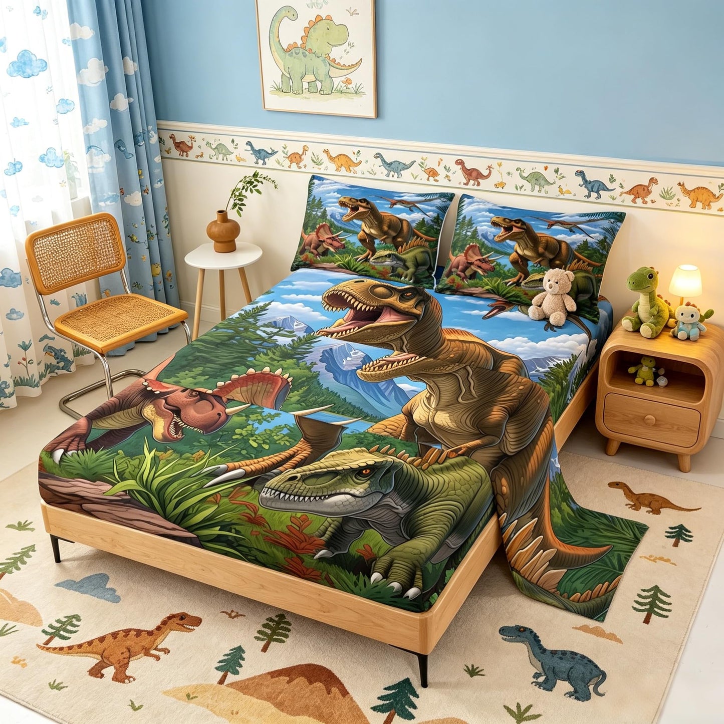 Feelyou Dinosaur Bed Sheets Set Twin Size 3D Digital Print Bed Set Jungle Dino Deep Pocket Fitted Sheet Wild Animal Breathable Soft Lightweight Microfiber Blue and Brown