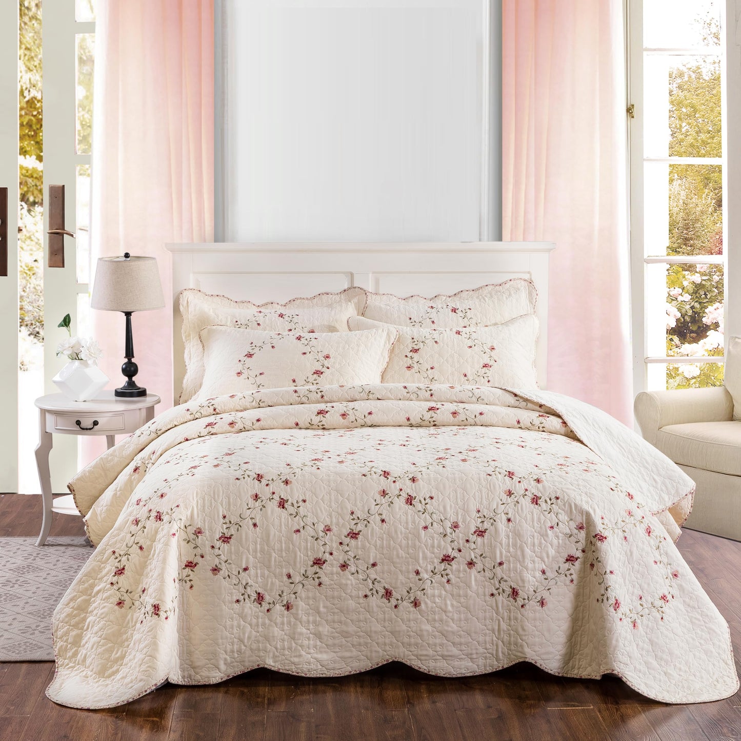 Quilt Set Floral Leaves 3D Embroidery Pattern 3 PCS Cotton Reversible Quilted Embroidered Decorative Bedspreads Coverlet Set, Lightweight &Soft Queen Size Beige Bedding Coverlet for All Season