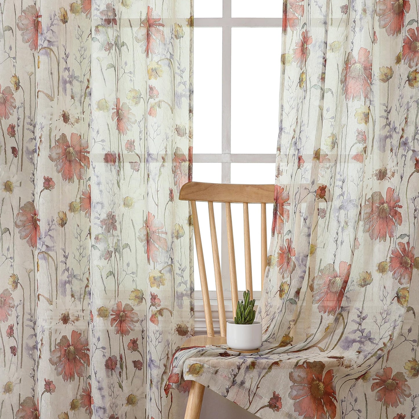OWENIE Crushed Sheer Curtains 84 Inches Long 2 Panels Set, Sheer Floral Curtains Printed Drapes on Sheers for Living Room Bedroom, Rod Pocket Light Filtering Window Sheers (2 Panels, 51" x 84")