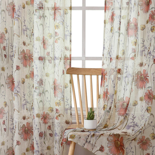 OWENIE Crushed Sheer Curtains 84 Inches Long 2 Panels Set, Sheer Floral Curtains Printed Drapes on Sheers for Living Room Bedroom, Rod Pocket Light Filtering Window Sheers (2 Panels, 51" x 84")