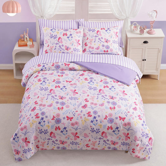 AMBERSPACE Twin XL Comforter Set for Girls, Butterfly Botanical Flowers Bedding Set, All Season Kids Bed in a Bag Dorm 5 Pieces with Sheets, Pillowcase & Sham