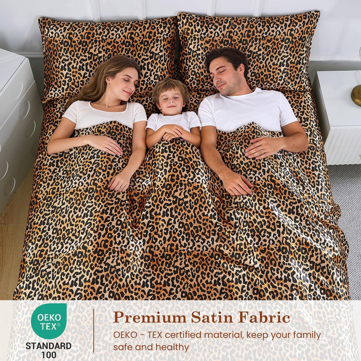 lasoftan Leopard Print Satin Sheets Twin, Silky Animal Print Fitted Bed Sheet with 15" Deep Pocket & Non-Slip Straps, Luxury Hotel Satin Summer Cooling Sheets & Pillowcase Set, Yellow