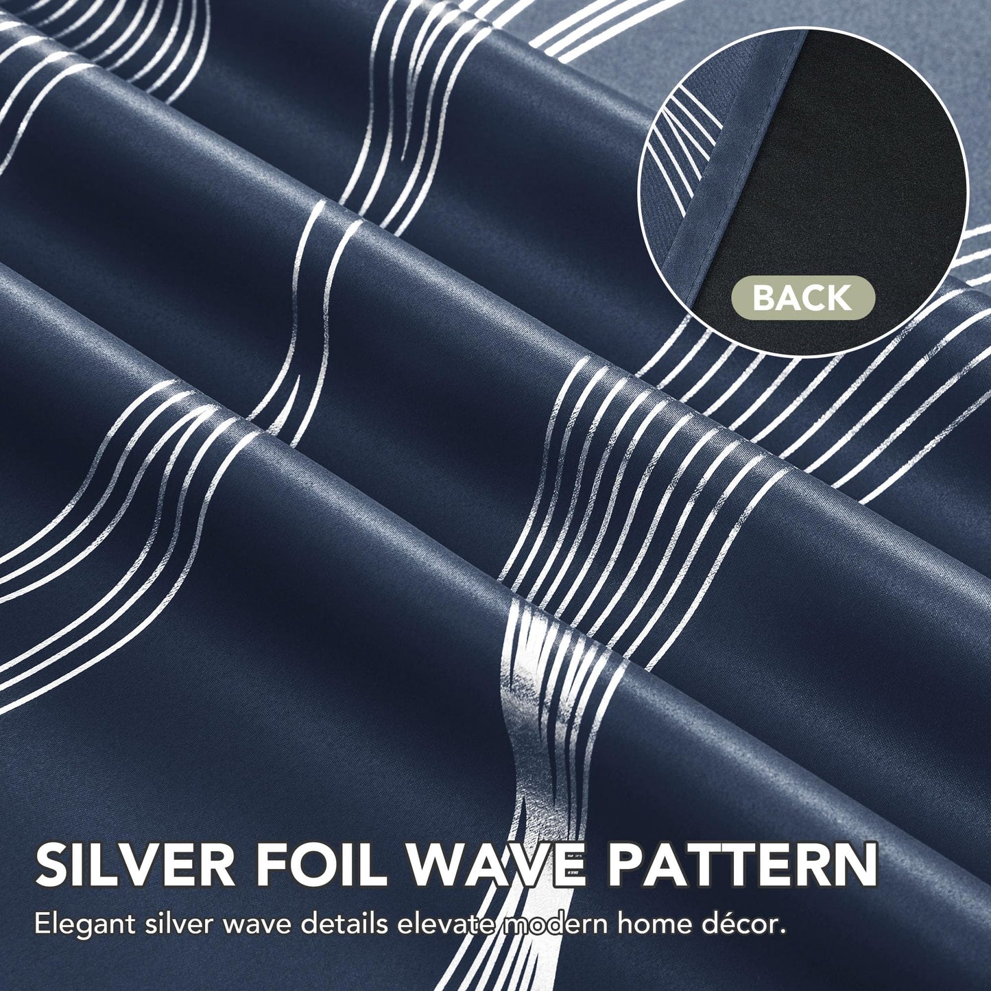 Deconovo Silver Foil Wave Pattern Total Blackout Curtain Panels, Living Room Curtains, White Grommet Top, 2 Panels Set, 52W x 84L, Navy Blue