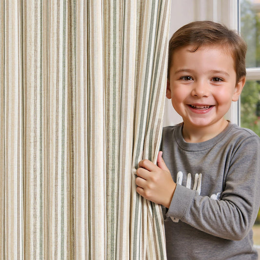 jinchan Colorful Linen Curtains for Nursery Living Room Multi Green on Beige Striped Curtains for Bedroom Cute Ticking Stripe Farmhouse Baby Boys Kids Room Light Filtering Grommet 2 Panels 84 inch