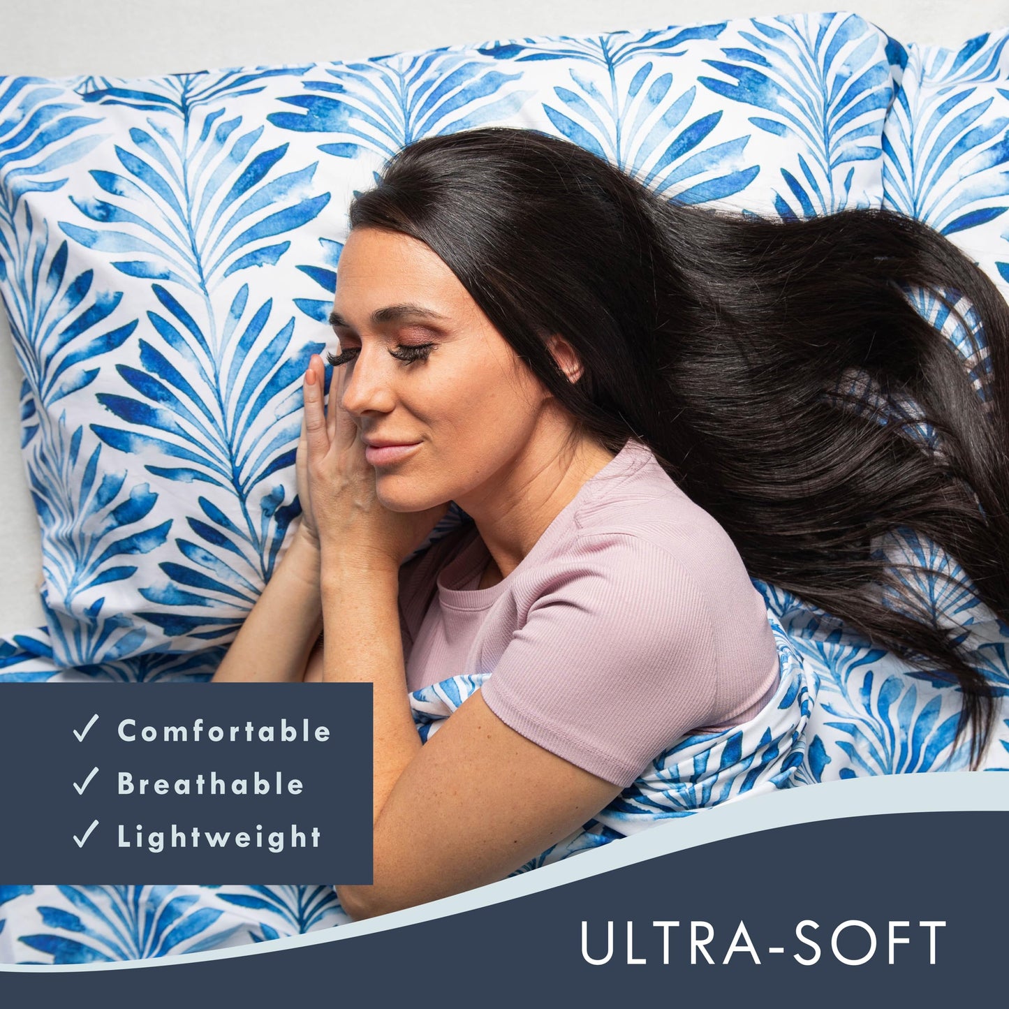 Where The Polka Dots Roam Blue Indigo Palms Floral Bedsheet Queen Size, Super Soft Wrinkle Resistant Tropical Leaves Pattern Bedding Set, Vibrant Solid Print All-Season Bed Sheets for Girls, Teens