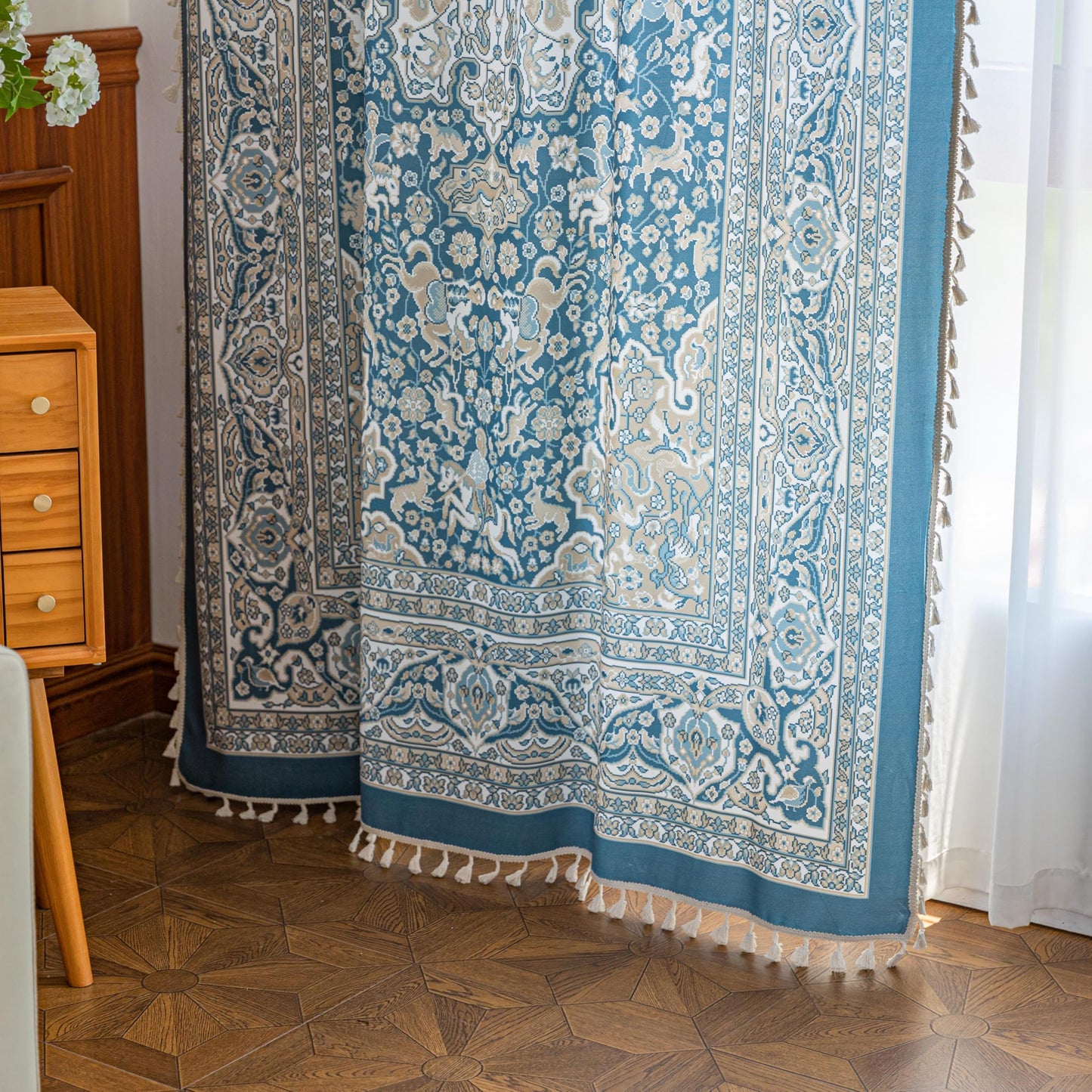 Erbnaryx Blue Medallion Curtains 72 Inches Long, Boho Farmhouse Light Filtering Rod Pocket Drapes with Tassel Trim for Bedroom Living Room, 2 Panels